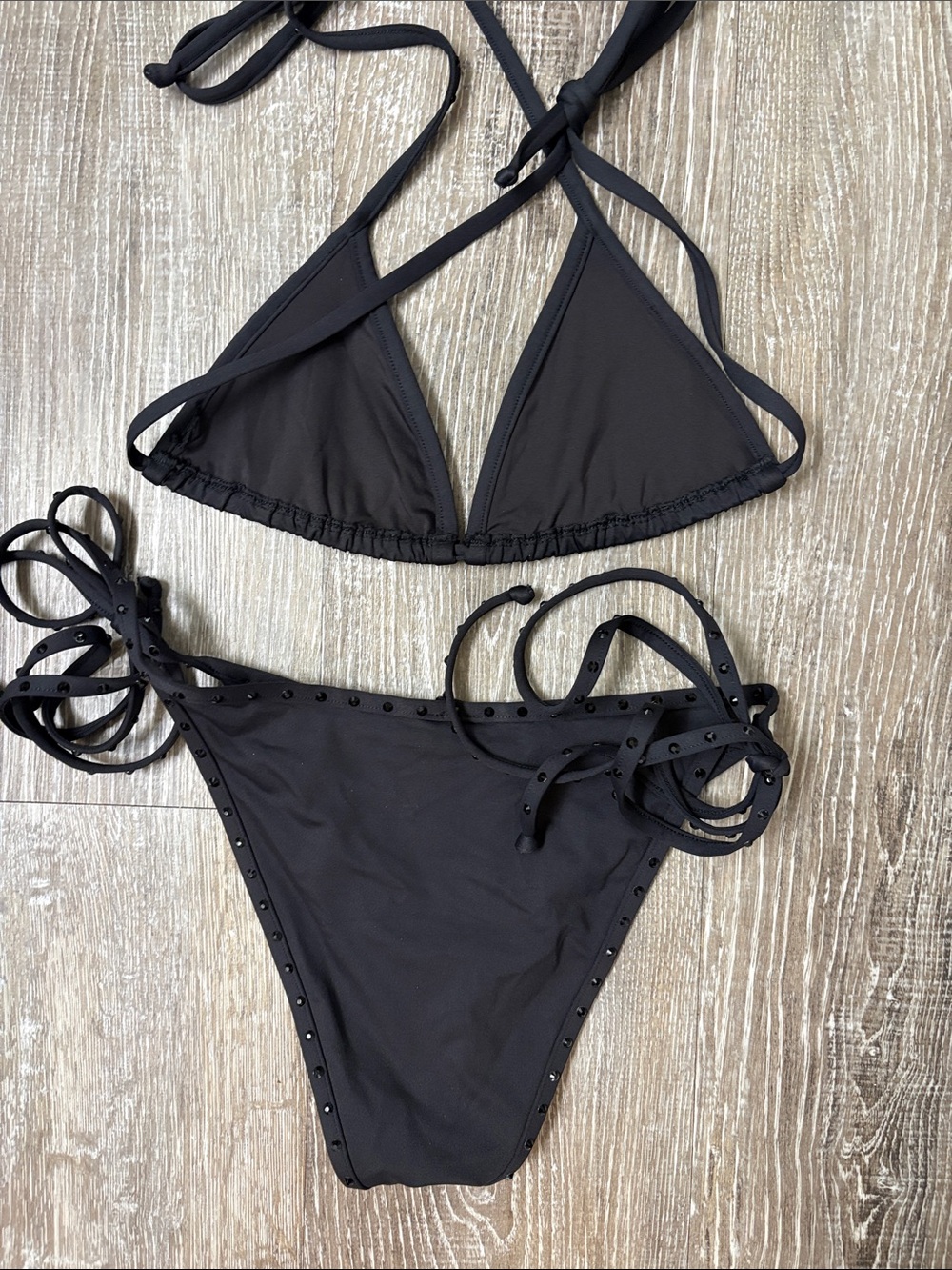 SKIMS Rhinestone Black Tie-Side Triangle Bikini Swim Set - Picture 4 of 6